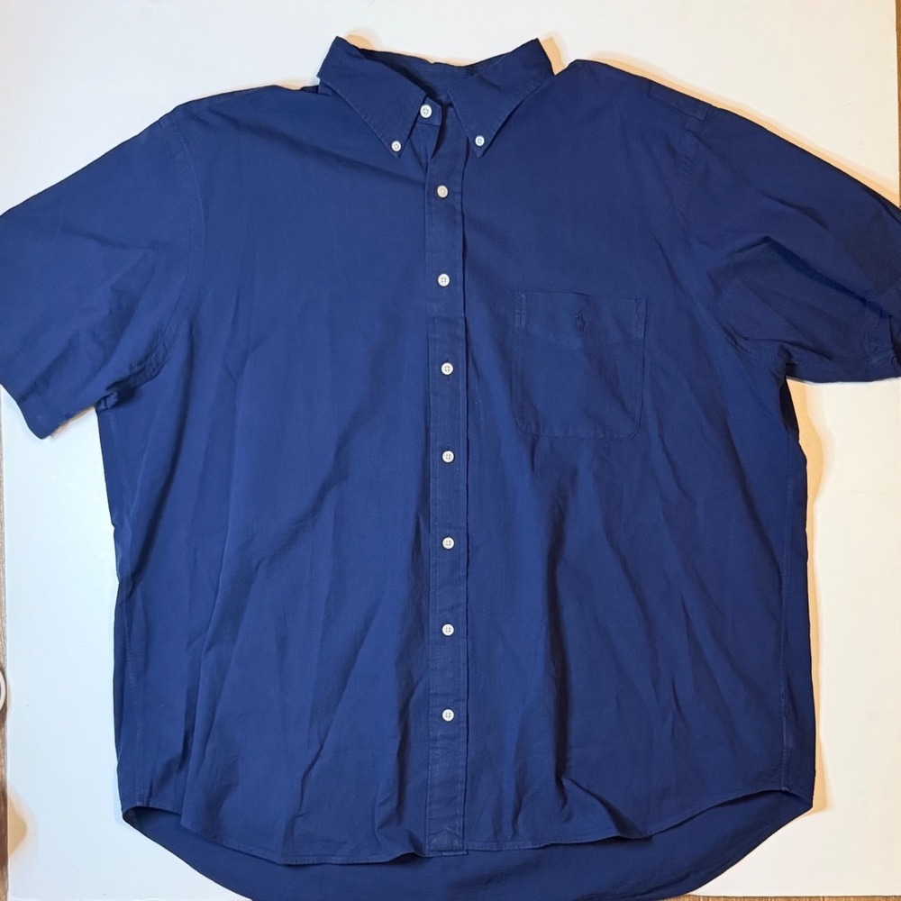 Ralph Lauren Seersucker Button Down Pocket Tee Shirt Mens 2XB Navy Short Sleeve